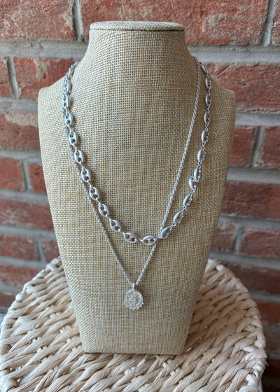 Silver Oval Coin Chain Necklace Set