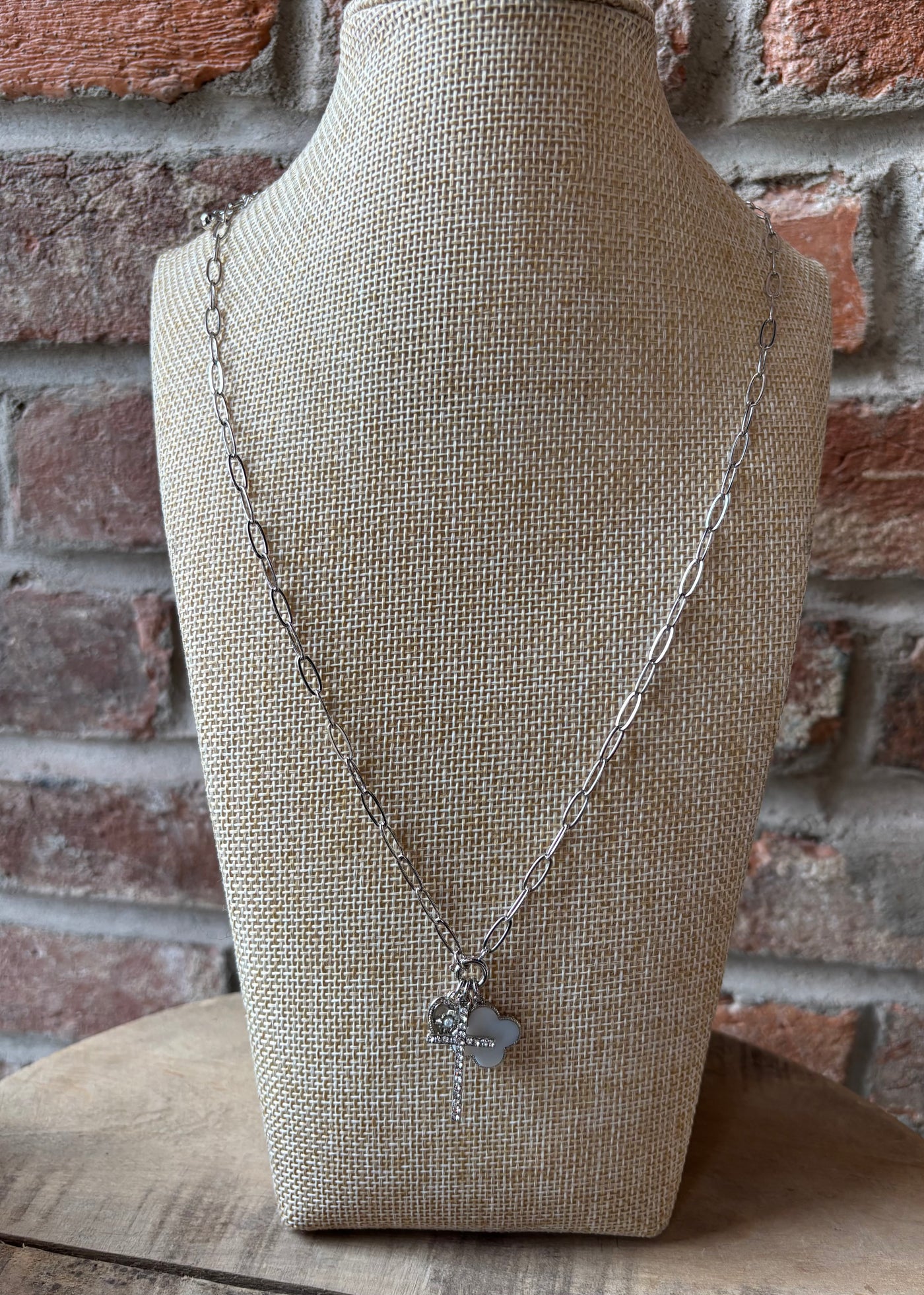 Pave Heart Cross & Shell Charms Necklace- Silver