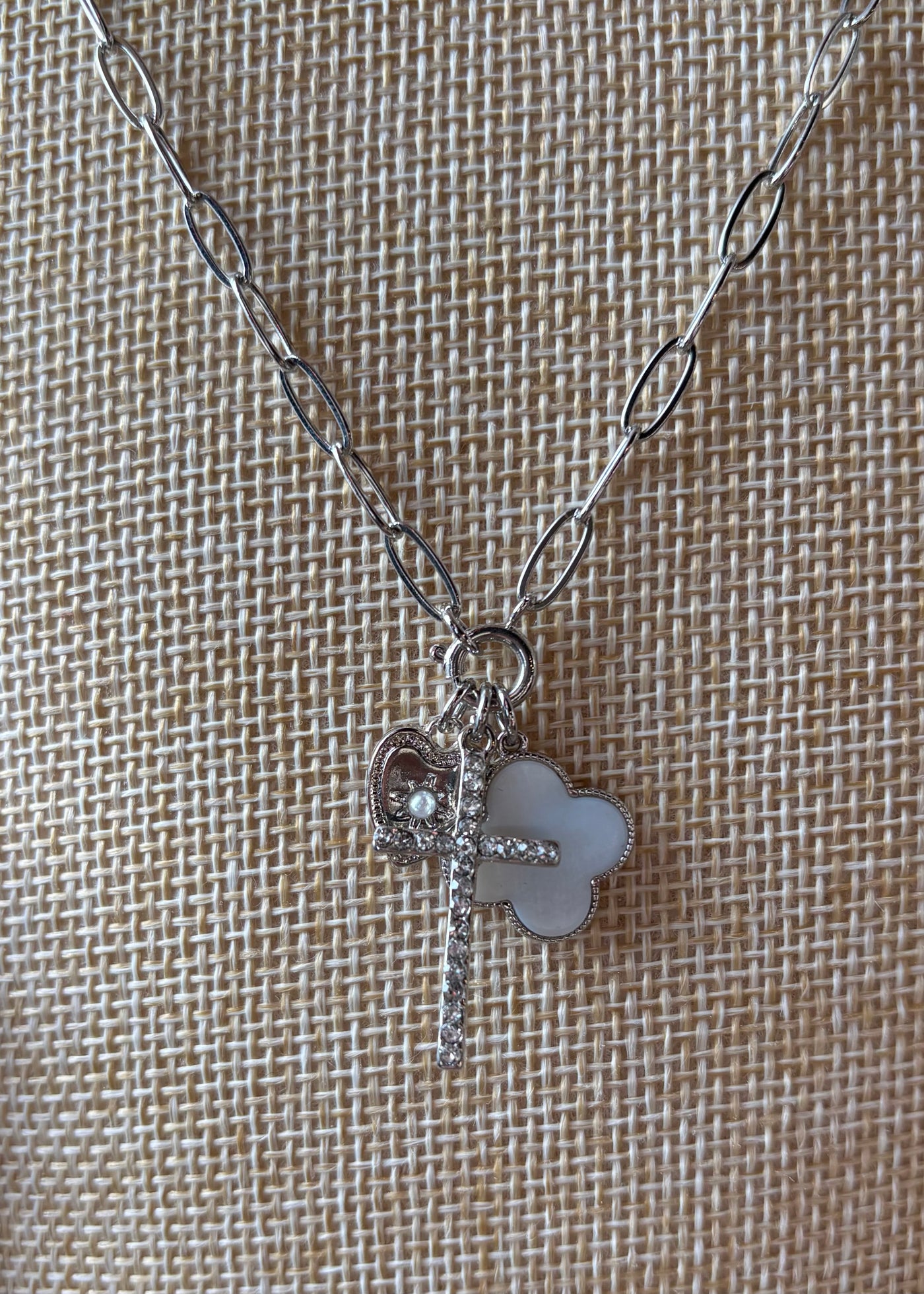 Pave Heart Cross & Shell Charms Necklace- Silver
