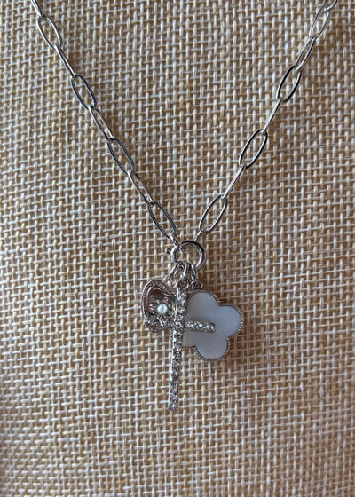 Pave Heart Cross & Shell Charms Necklace- Silver