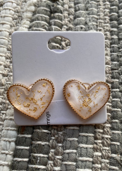 Gold & White Flake Heart Earrings