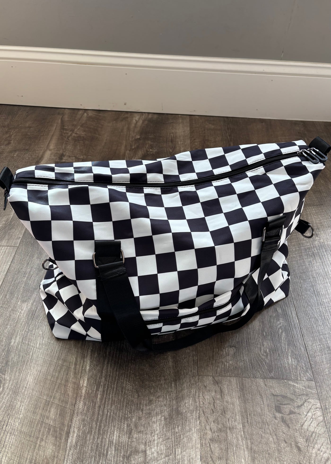 Checkered Print Duffle Bag- Black