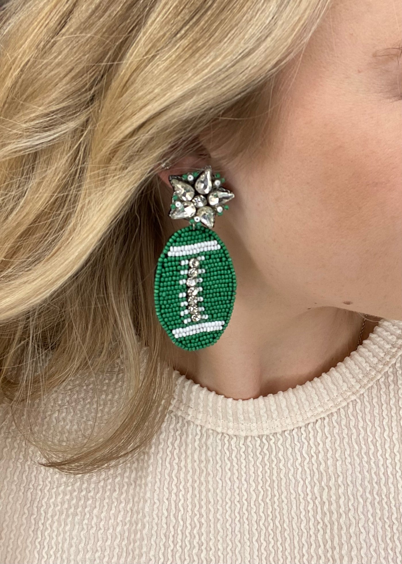 Beaded Green Football Earrings